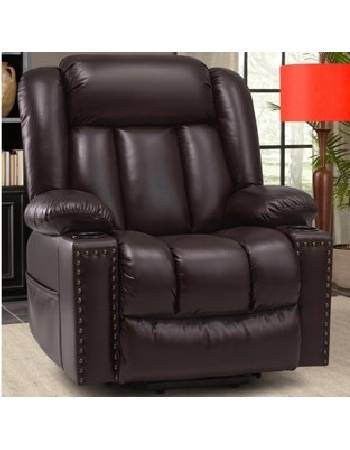 A brown leather recliner chair with two cup holders.